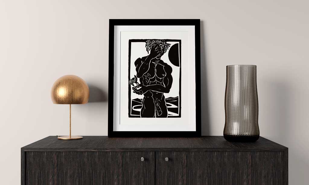 Kunstdruck "Man and Bird" von Michael Goepferd, hochwertiger Linoldruck, Beispiel. Größe nicht verbindlich.