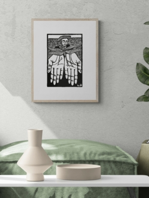 Kunstdruck Beispielbild von "Open Hands". Linoldruck von Künstler Michael Goepferd.