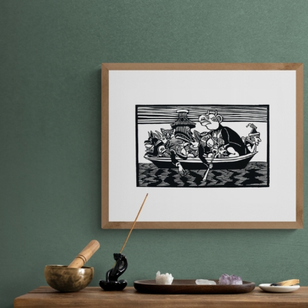 Kunstdruck Beispielbild von "The Spirits of the Boat". Linoldruck von Künstler Michael Goepferd.