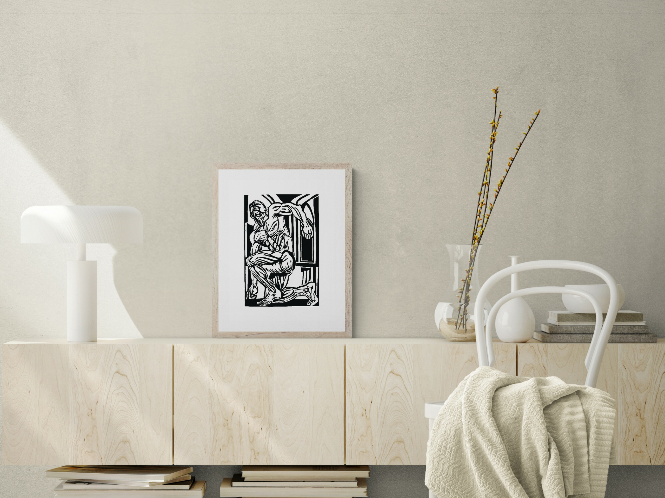 Kunstdruck Beispielbild "The holy Musclepig" von Linoldruck-Künstler Michael Goepferd