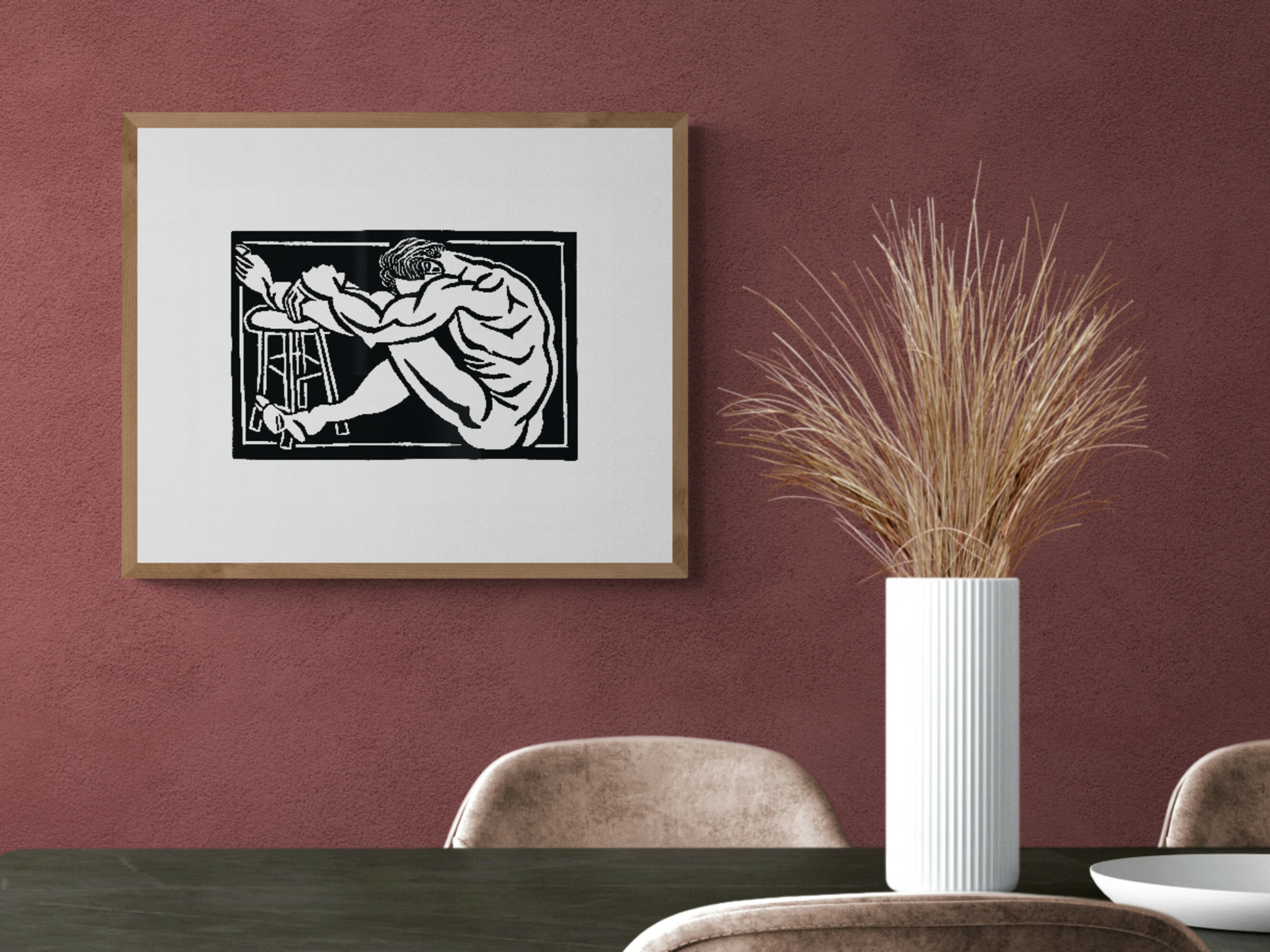 Kunstdruck Beispielbild von "Man with Stool". Linoldruck von Künstler Michael Goepferd.