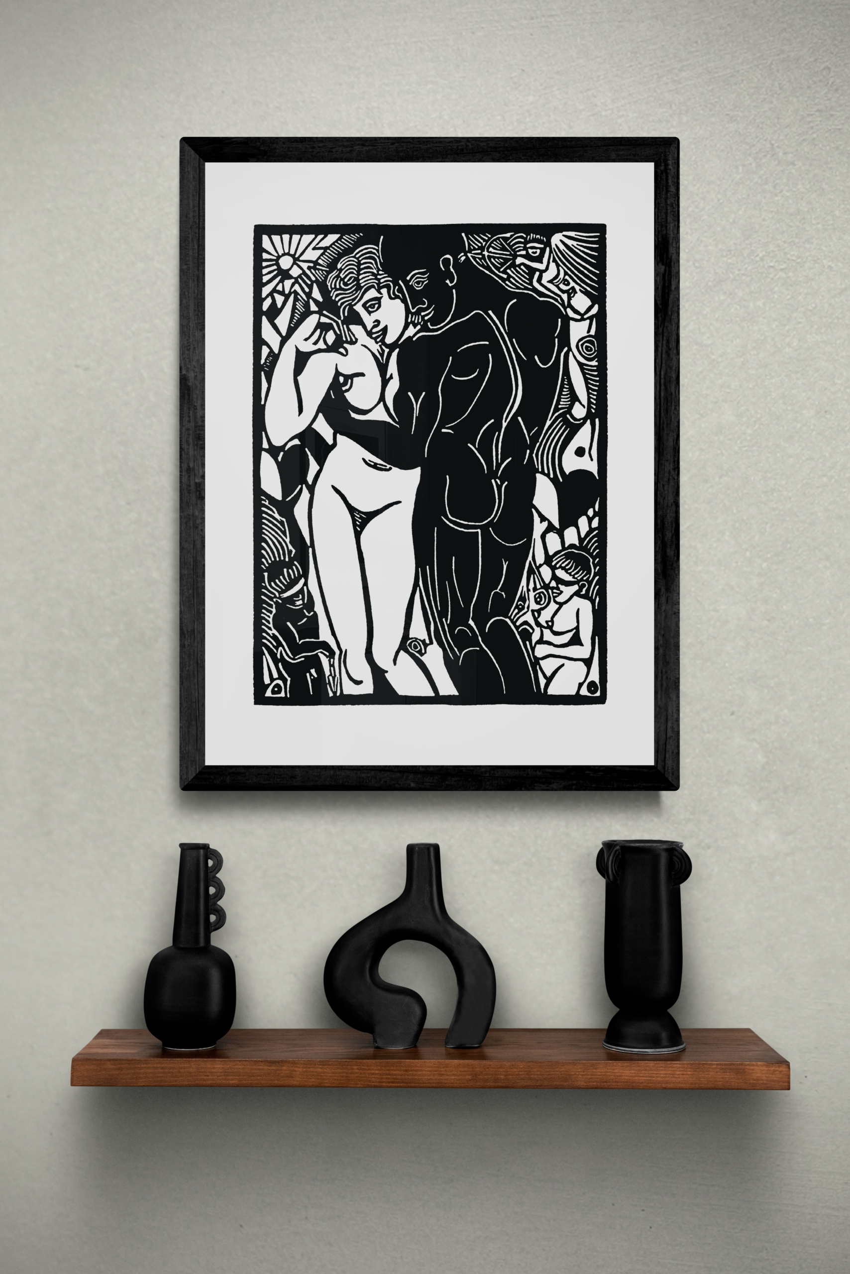 Kunstdruck Beispielbild von "The Lovers". Linoldruck von Künstler Michael Goepferd. Aus dem The Light and Shadow Tarot.