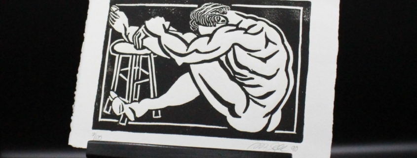 Linoldruck "Man with Stool" Nr. 7/120 auf Staffelei