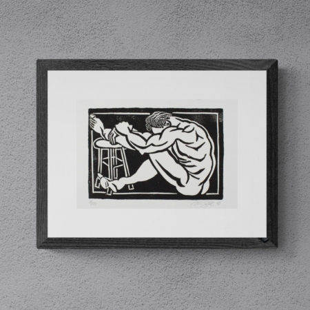 Linoldruck "Man with Stool" Nr. 7/120 mit Rahmen von Michael Goepferd