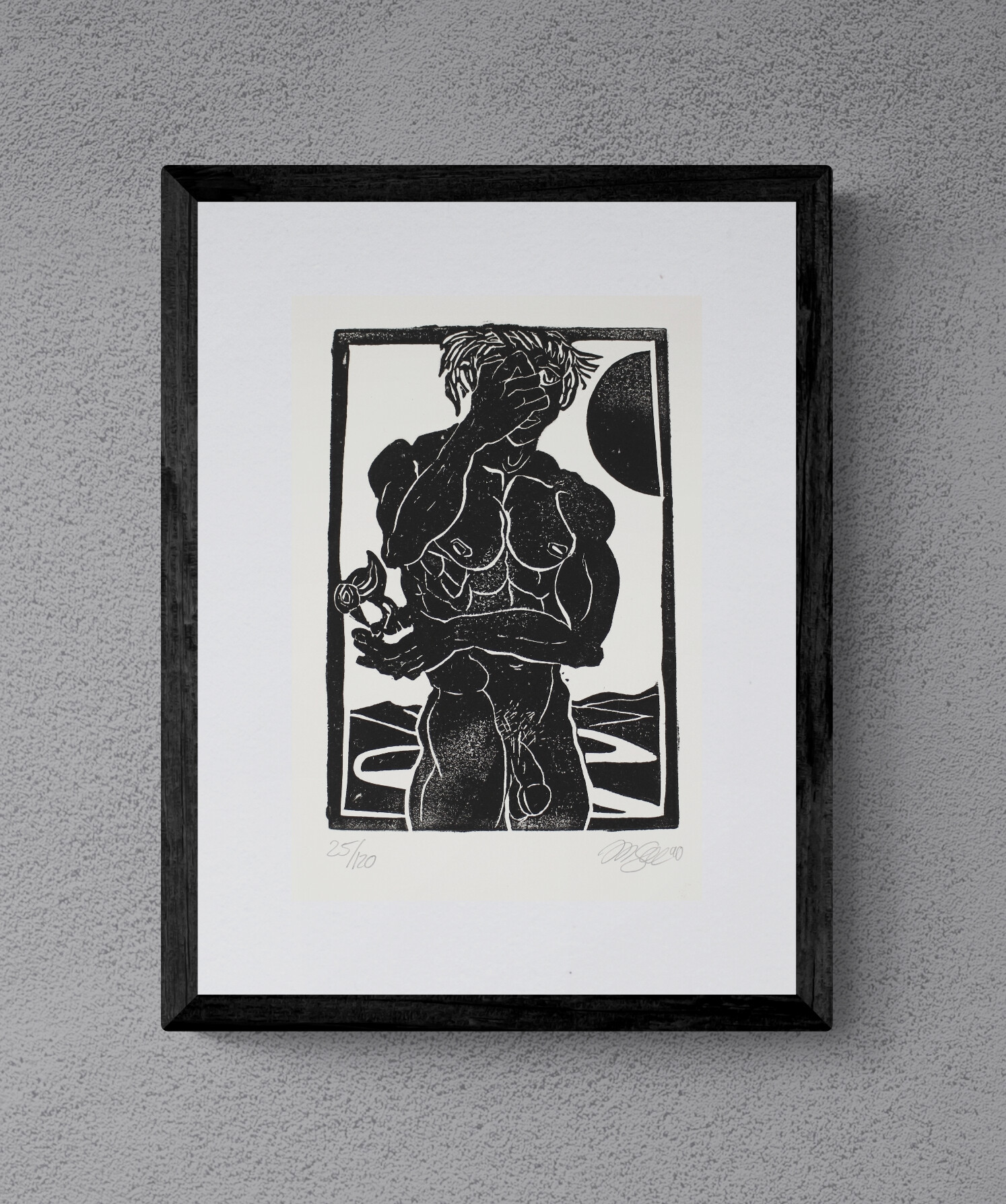 Linoldruck Man and Bird mit Rahmen - Linocut von Michael Goepferd