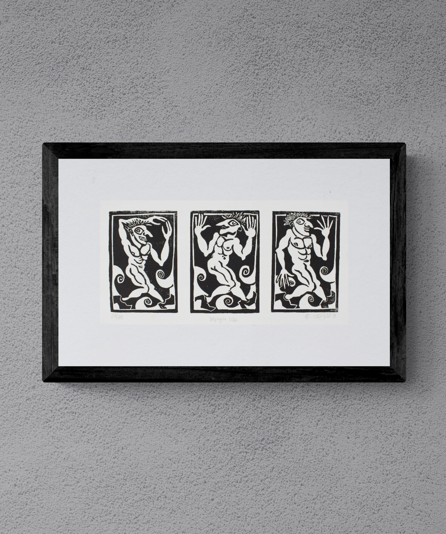 Linolcut LIFE Triptych gerahmt von Künstler Michael Goepferd